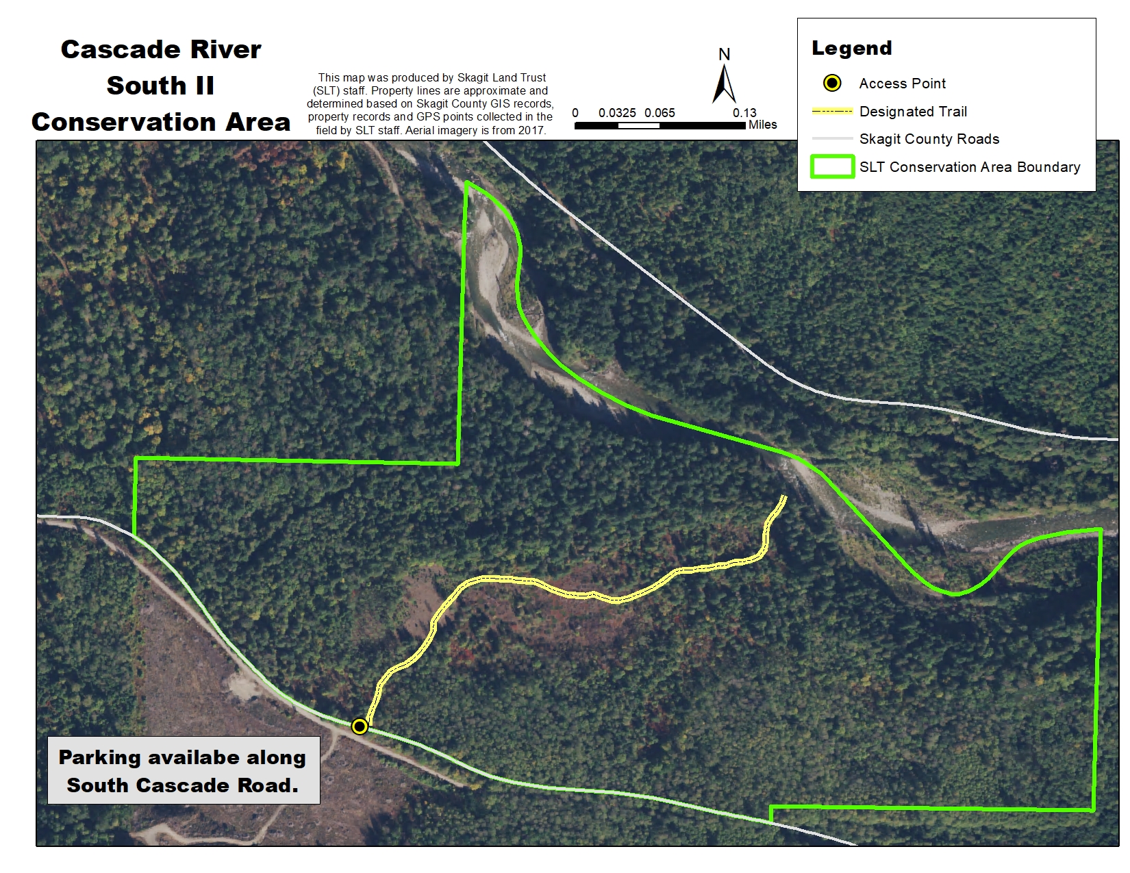 Aerial map of the Cascade River South II Conservation Area. GIS map created by Skagit Land Trust staff.