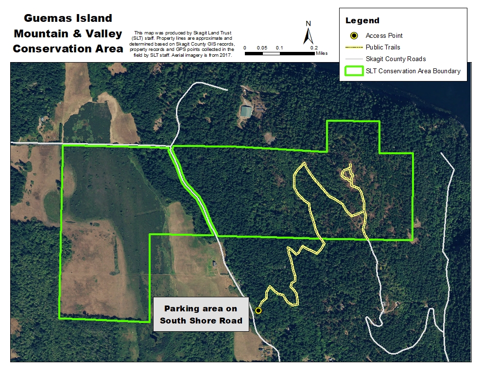 Skagit Land Trust Map of Guemes Moutain & Valley Conservation Area and Guemes Mountain Trailhead parking.