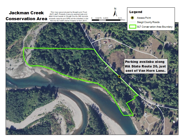 Aerial photograph of Jackman Creek Conservation Area and access. Map created by Skagit Land Trust staff.