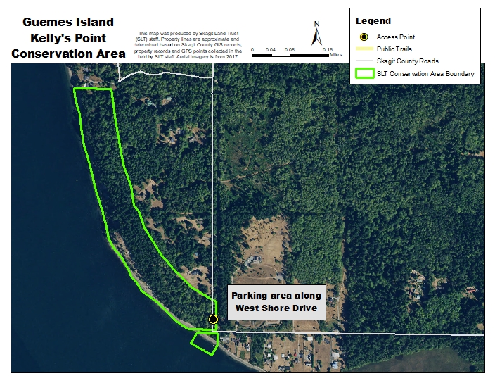 Aerial map of Kelly's Point Conservation Area. Map created using 2017 NAIP aerial imagery by Skagit Land Trust staff.