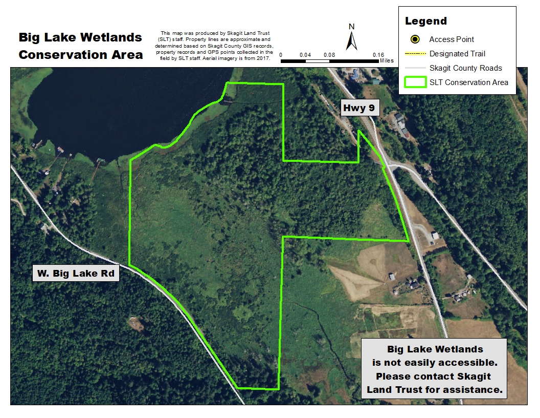 Aerial map of Big Lake Wetlands Conservation Area. Map created by Skagit Land Trust staff.