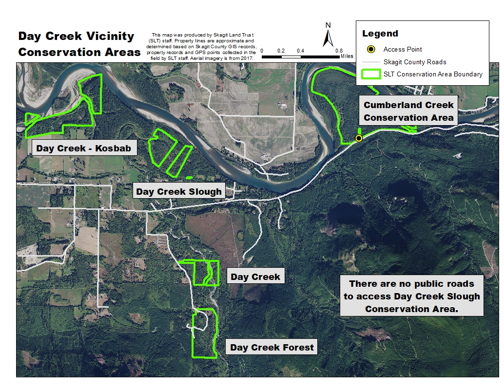 Day Creek Slough is one of four conservation areas managed by Skagit Land Trust in the upper Skagit River watershed. Map created by Skagit Land Trust staff using NAIP aerial imagery from 2017.