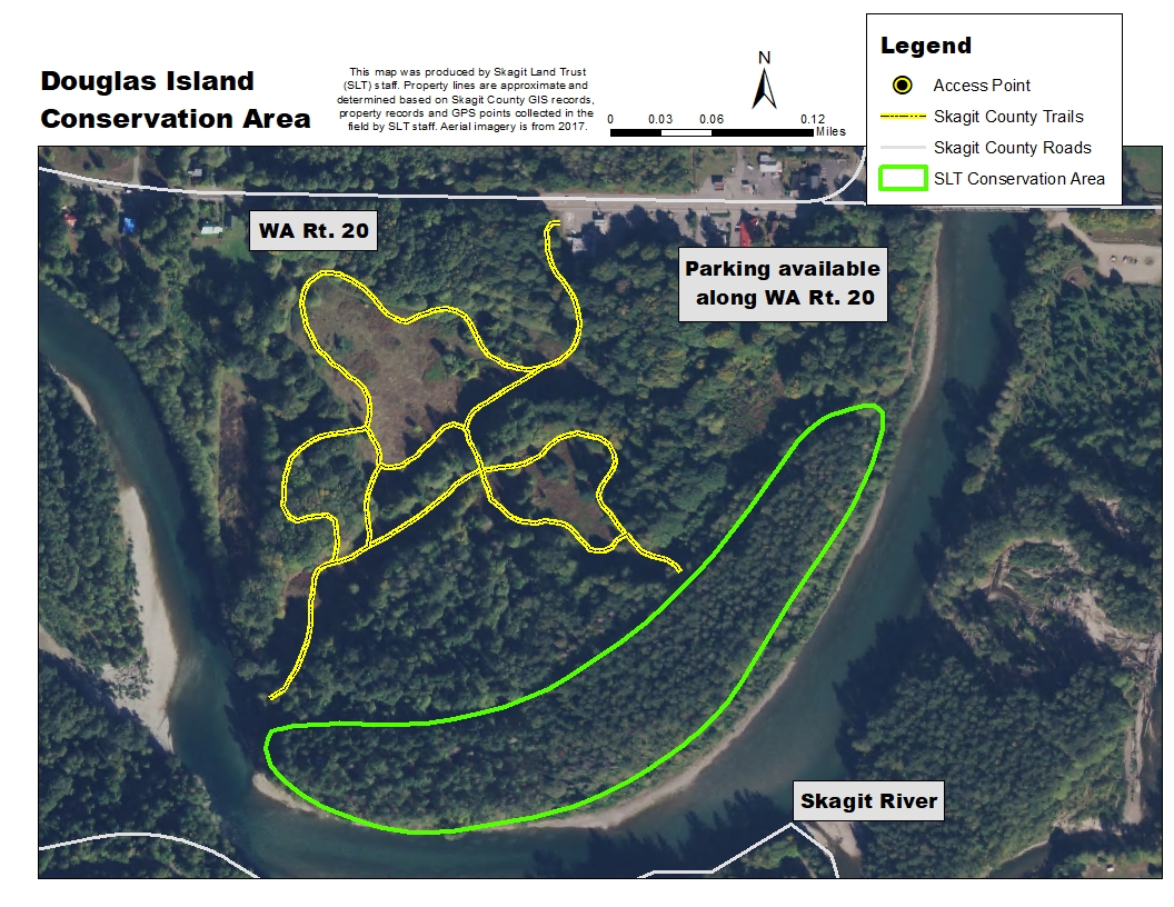 Aerial map of Douglas Island Conservation Area. Map created by Skagit Land Trust staff.