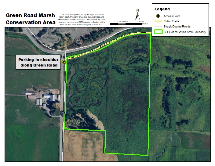 Aerial map of Green Road Marsh Conservation Area. Map created by Skagit Land Trust staff.