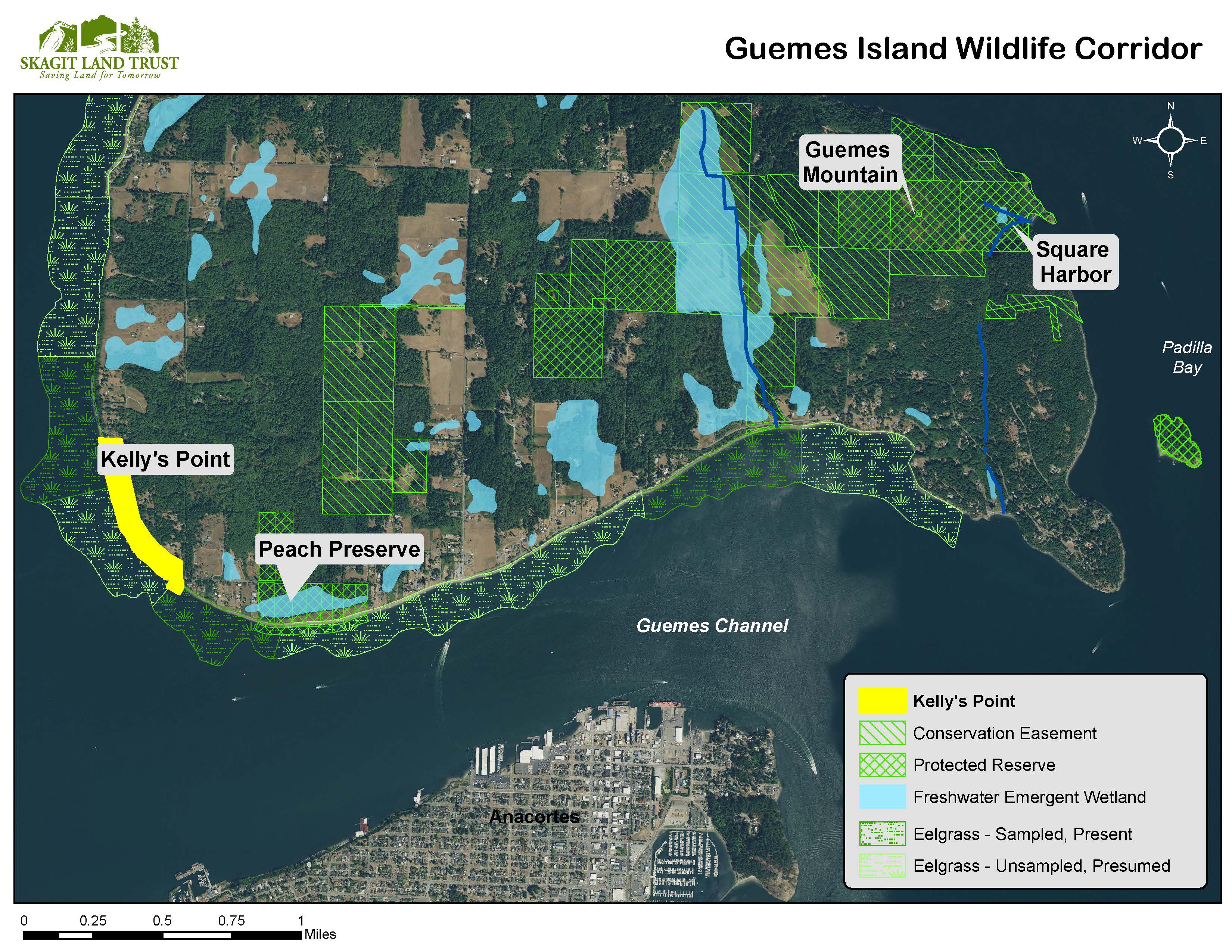 Map of conservation areas on Guemes Island, created by Skagit Land Trust staff.