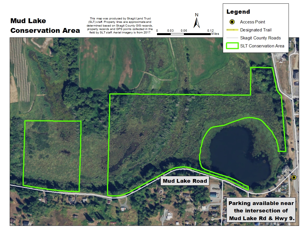 Aerial map of Mud Lake Conservation Area. Map created by Skagit Land Trust staff.