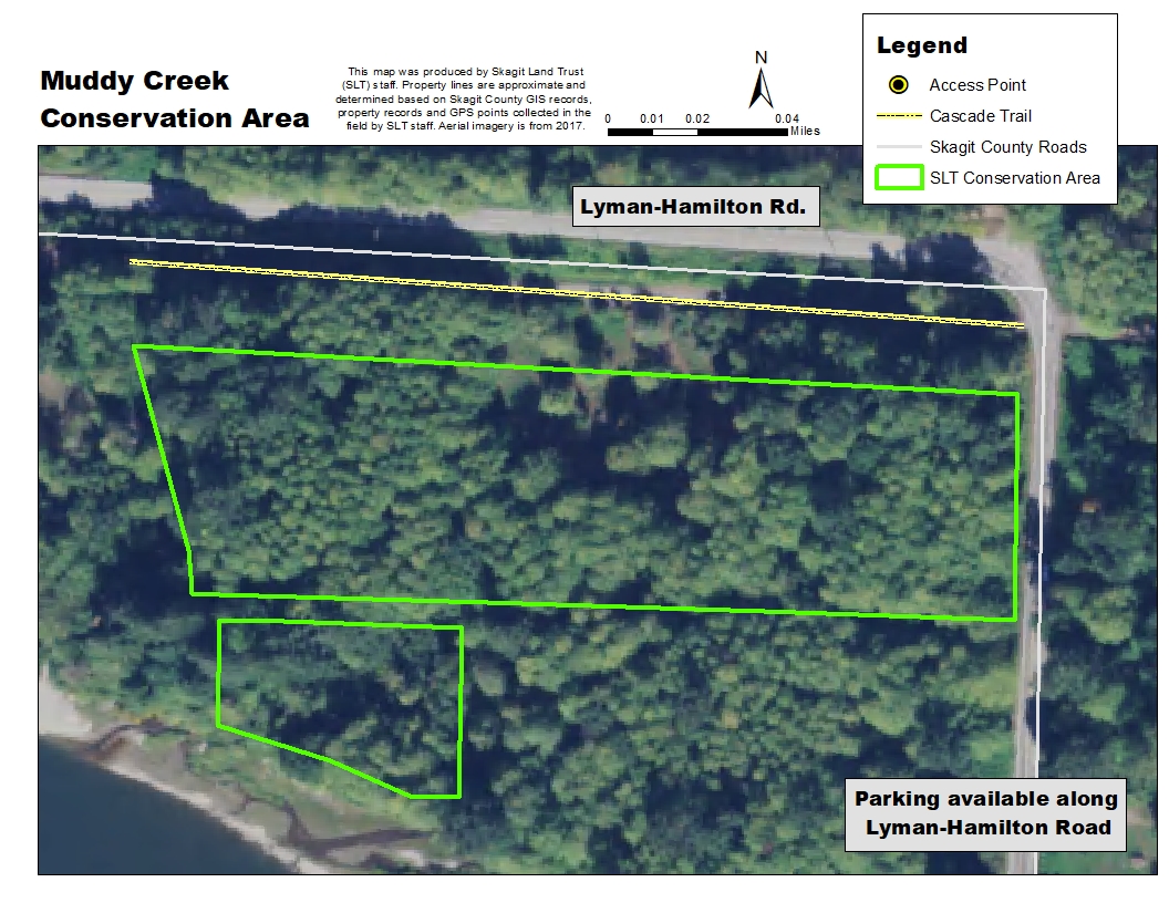 Aerial map of Muddy Creek Conservation Area. Map created by Skagit Land Trust staff.