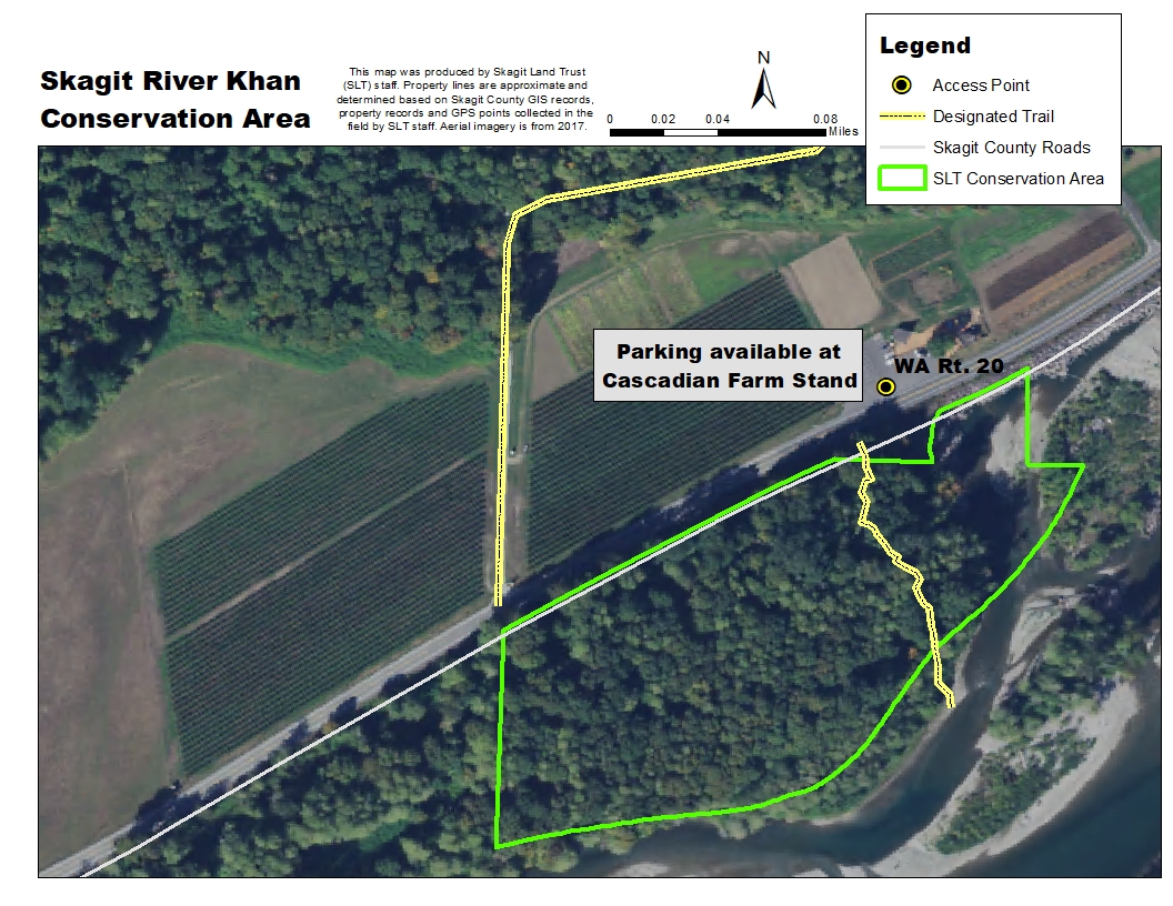 Aerial map of Skagit River Khan Conservation Area. Map credit: Skagit Land Trust staff. 