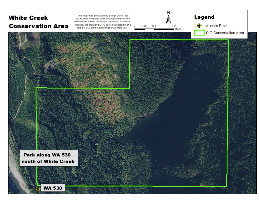 Aerial map of White Creek Conservation Area. Map created by Skagit Land Trust staff.