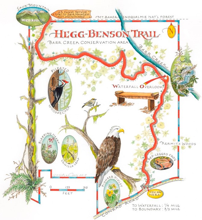 Local illustrator and cartographer Jocelyn Curry illustrated a map of the Hegg-Benson Trail. 