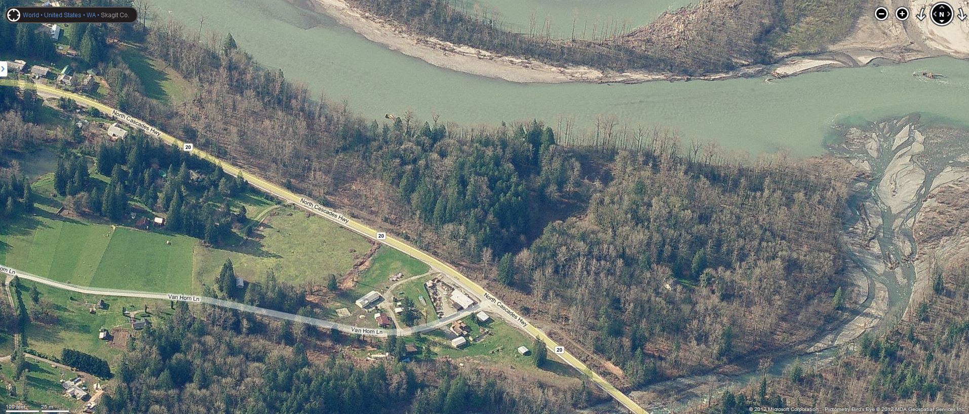 Aerial image of the confluence of Jackman Creek with the Skagit River. Credit unknown.